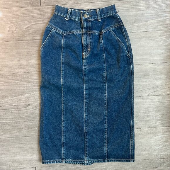 Vintage 80s Calvin Klein Medium Wash Western Denim Knee Length Skirt Size XXS - Picture 1 of 5